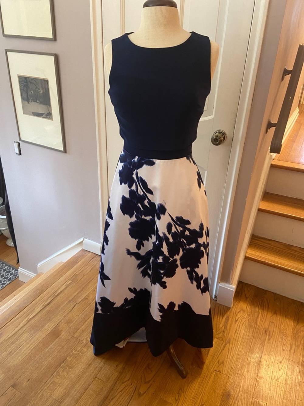 Betsy & Adam Navy Bodice with White Floral Skirt Prom Gown